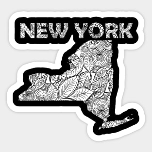 Mandala art map of New York with text in white Sticker